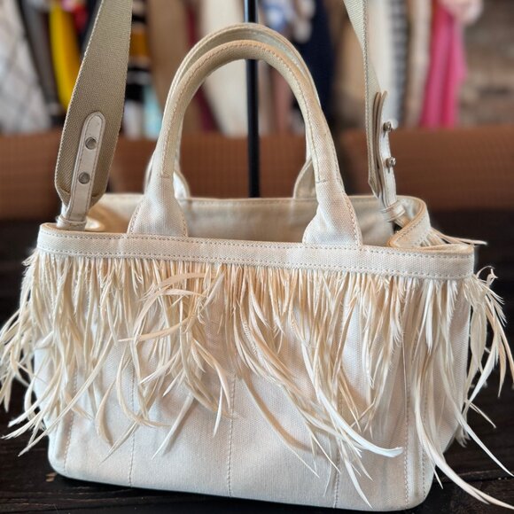 Prada Canapa Fringe with Plume White 2-Way Crossbody Bag - Picture 2 of 8